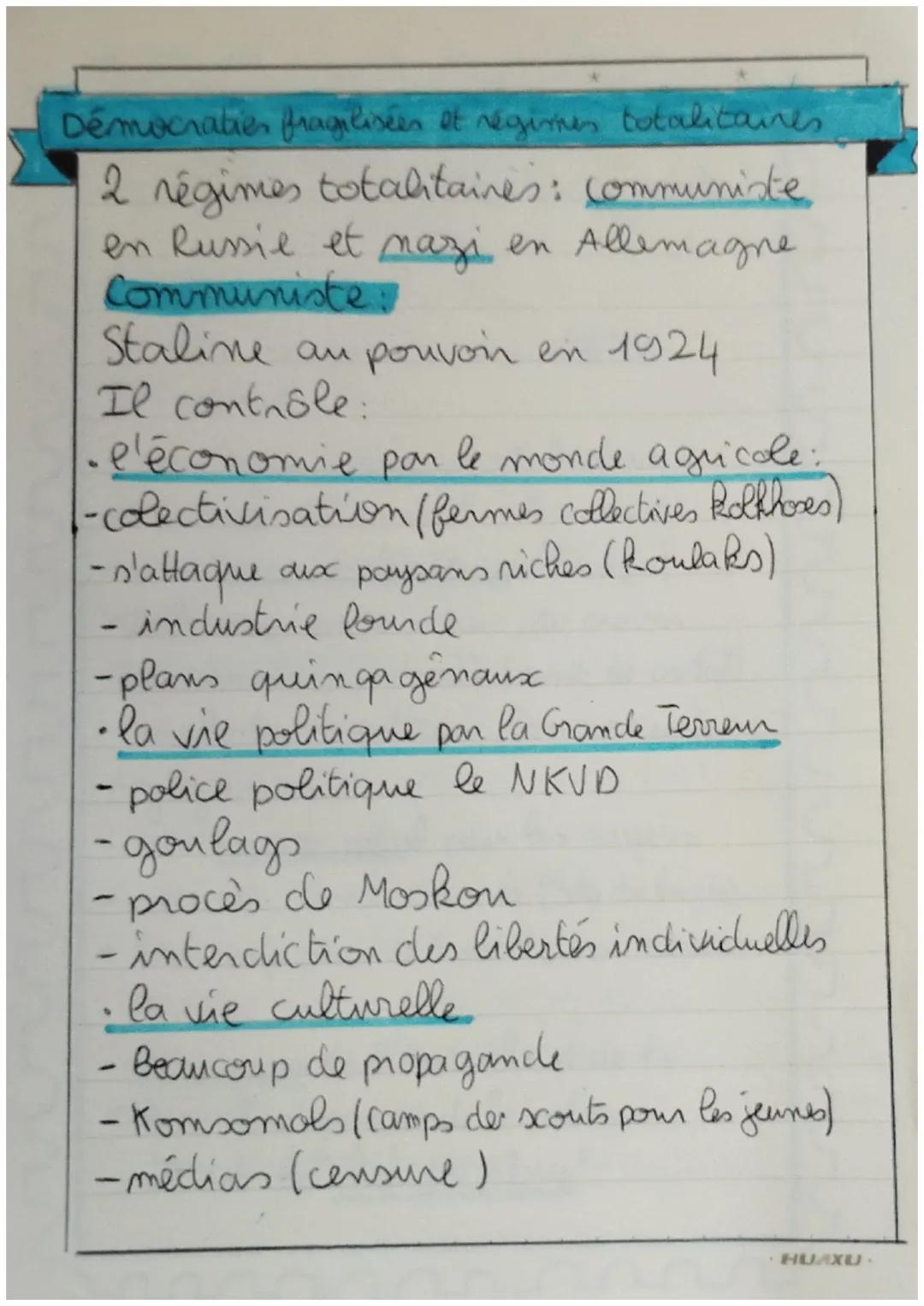 Démocratie fragilisées et régimes totalitaires
2 régimes totalitaines: communite
en Russie et mazi en Allemagne
Communiste:
Staline au pouvo