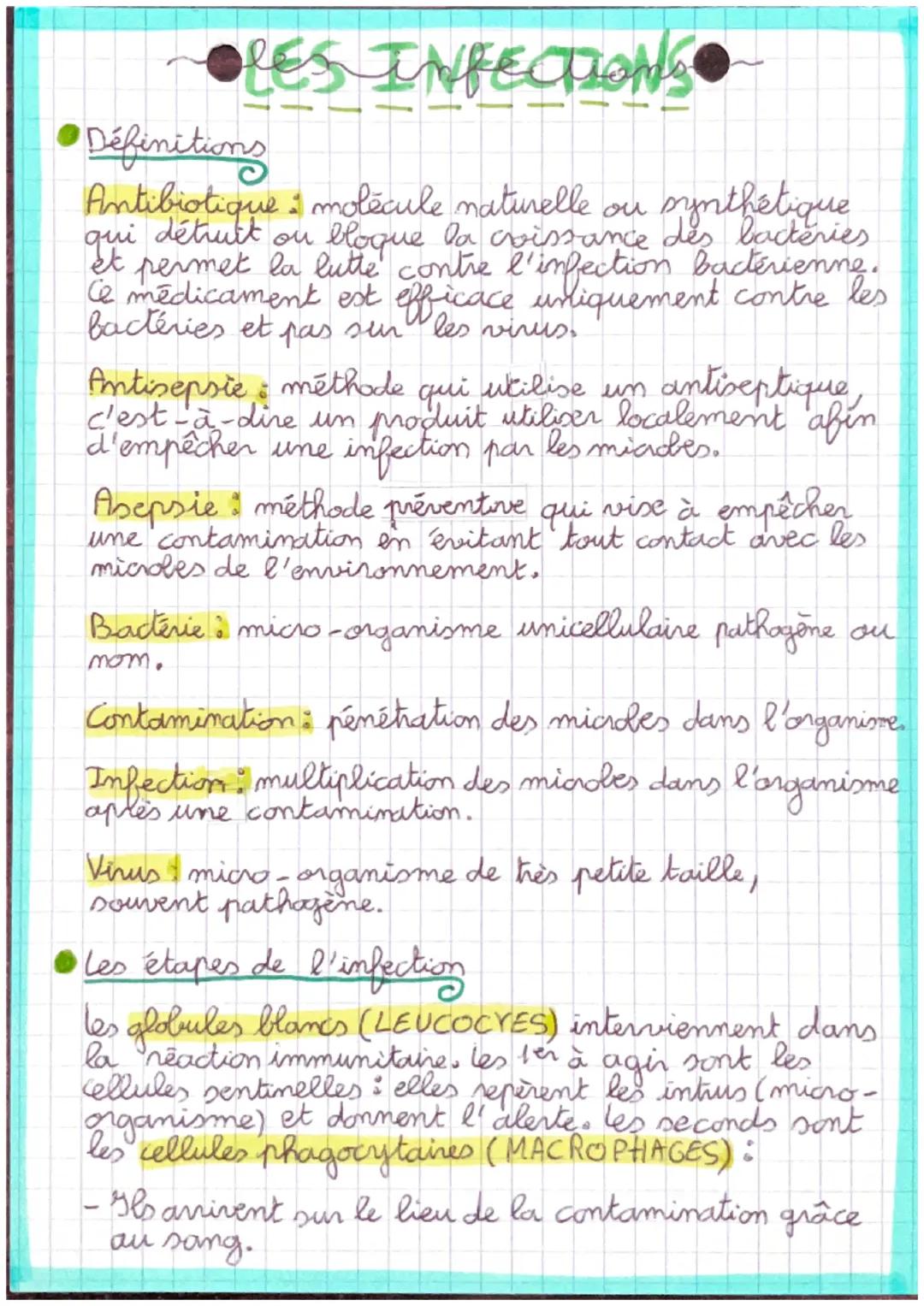 # •LES INFECTIONS

Définitions

Antibiotique: molécule naturelle ou synthétique
qui détruit ou bloque la croissance des bactéries
et permet 