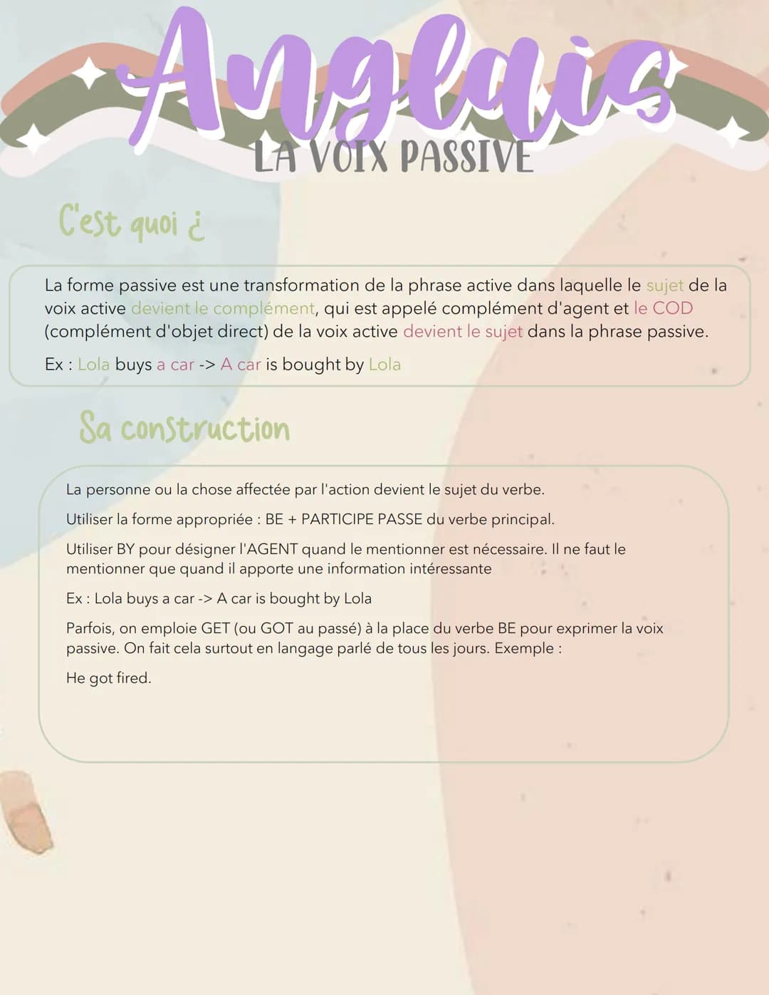 Angeyic
LA VOIX PASSIVE
C'est quoi ¿
La forme passive est une transformation de la phrase active dans laquelle le sujet de la
voix active de
