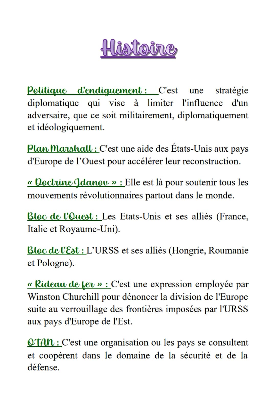 Histoine II)
Thème 1: La Guerre Froide
Définitions
Guerre froide : C'est une période de tension entre le
bloc de l'Est et le bloc de l'Ouest