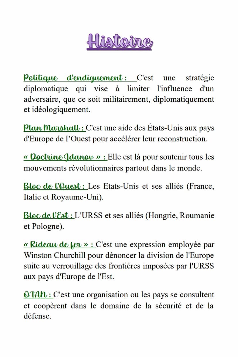 Histoine II)
Thème 1: La Guerre Froide
Définitions
Guerre froide : C'est une période de tension entre le
bloc de l'Est et le bloc de l'Ouest