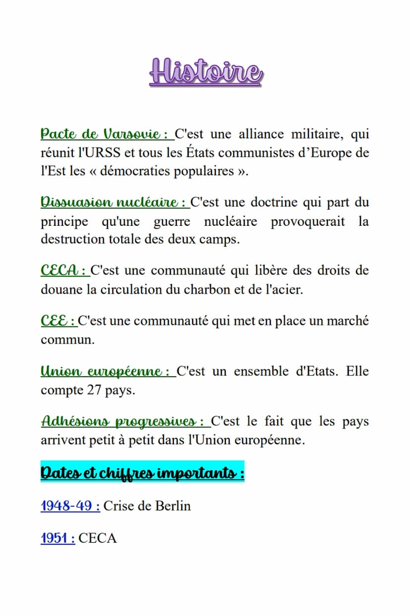 Histoine II)
Thème 1: La Guerre Froide
Définitions
Guerre froide : C'est une période de tension entre le
bloc de l'Est et le bloc de l'Ouest