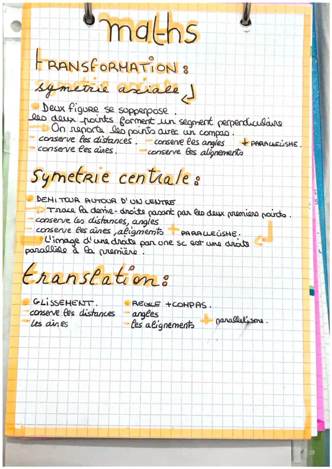 maths
FRANSFORMATION :
symetrie axiale )
Deux figure se supperpose.
les deux points forment un segment perpendiculaire
On reporte les points