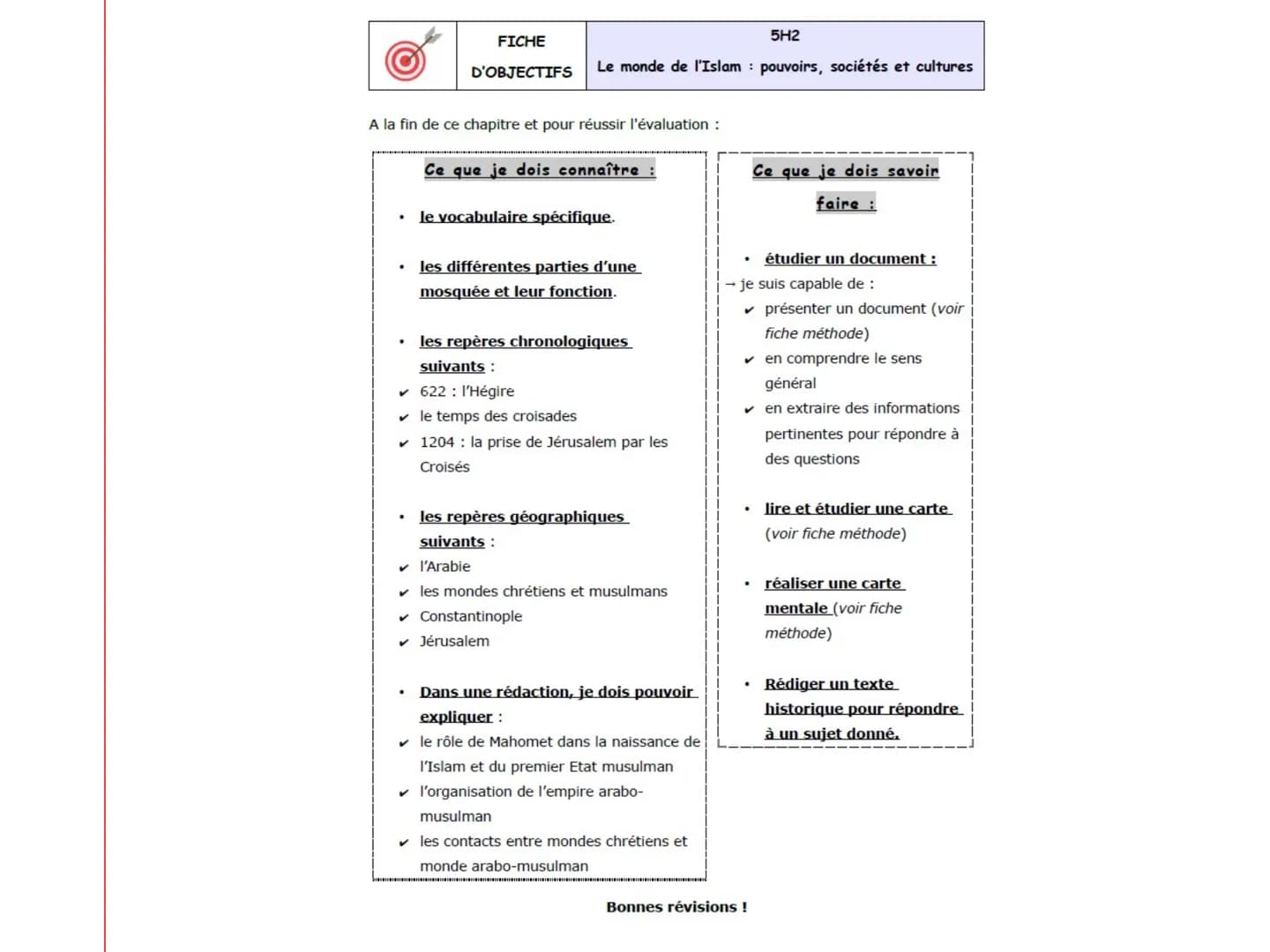 1
5H2
Le monde de l'islam :
pouvoirs, sociétés et cultures
(VIe - XIIIe s.) FICHE
D'OBJECTIFS
5H2
Le monde de l'Islam: pouvoirs, sociétés et