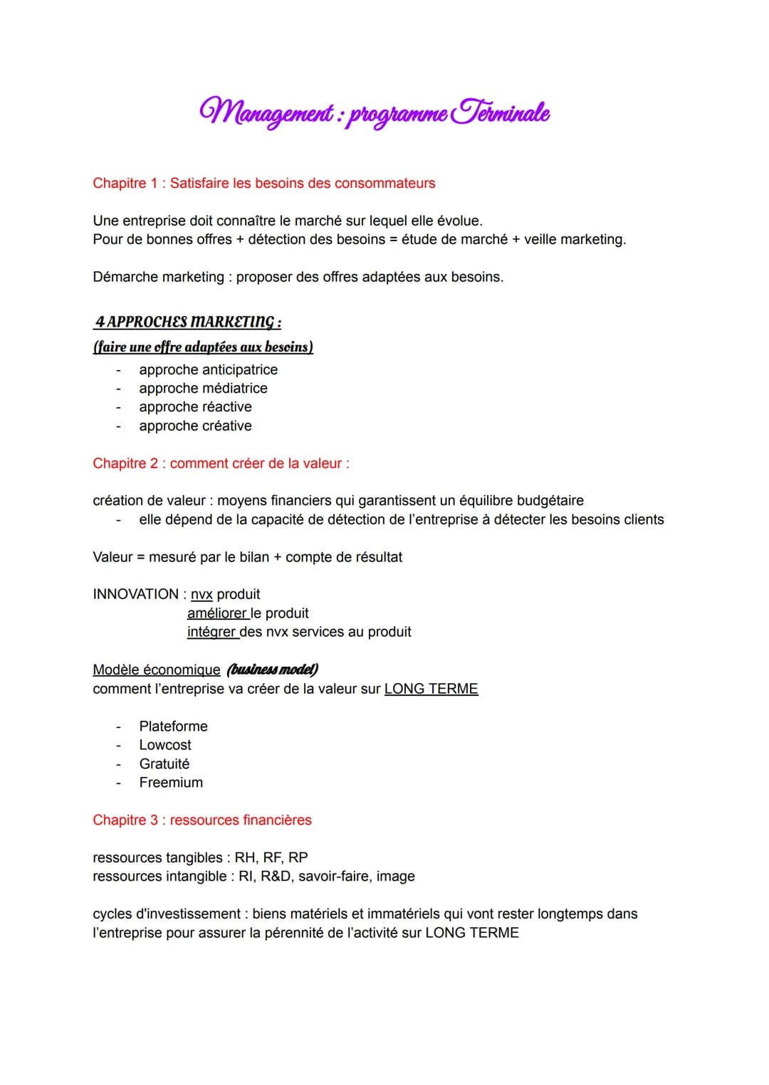 Management: programme Terminale
Chapitre 1 Satisfaire les besoins des consommateurs
Une entreprise doit connaître le marché sur lequel elle 