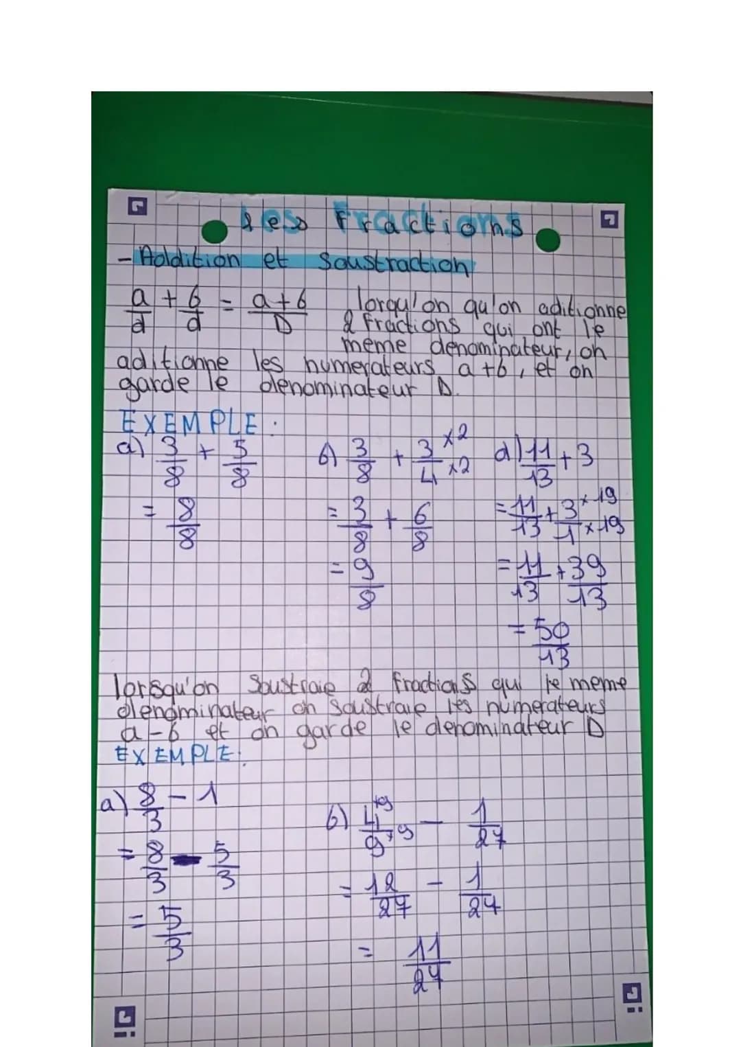 L
O
Torqu'on qu'on aditionne
& Fractions qui ont le
meme denominateur, on
aditionne les numerateurs a to, et on
garde le
denominateur D
- Ad