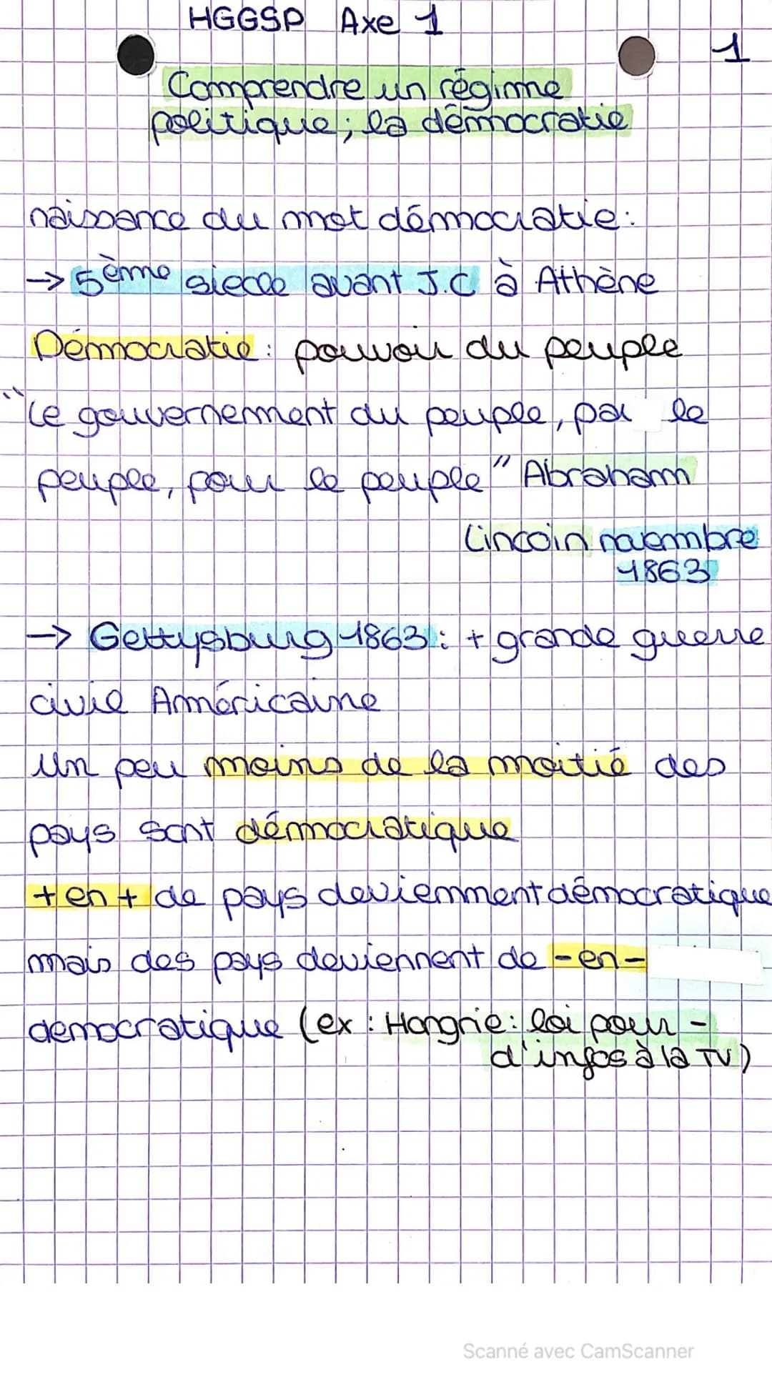 HGGSP Axe 1
Comprendre un régime
politique; la democratie
naissance du mot démocratie:
→ 5eme siecle avant J.C a Athène
Démocratie: pouvon d