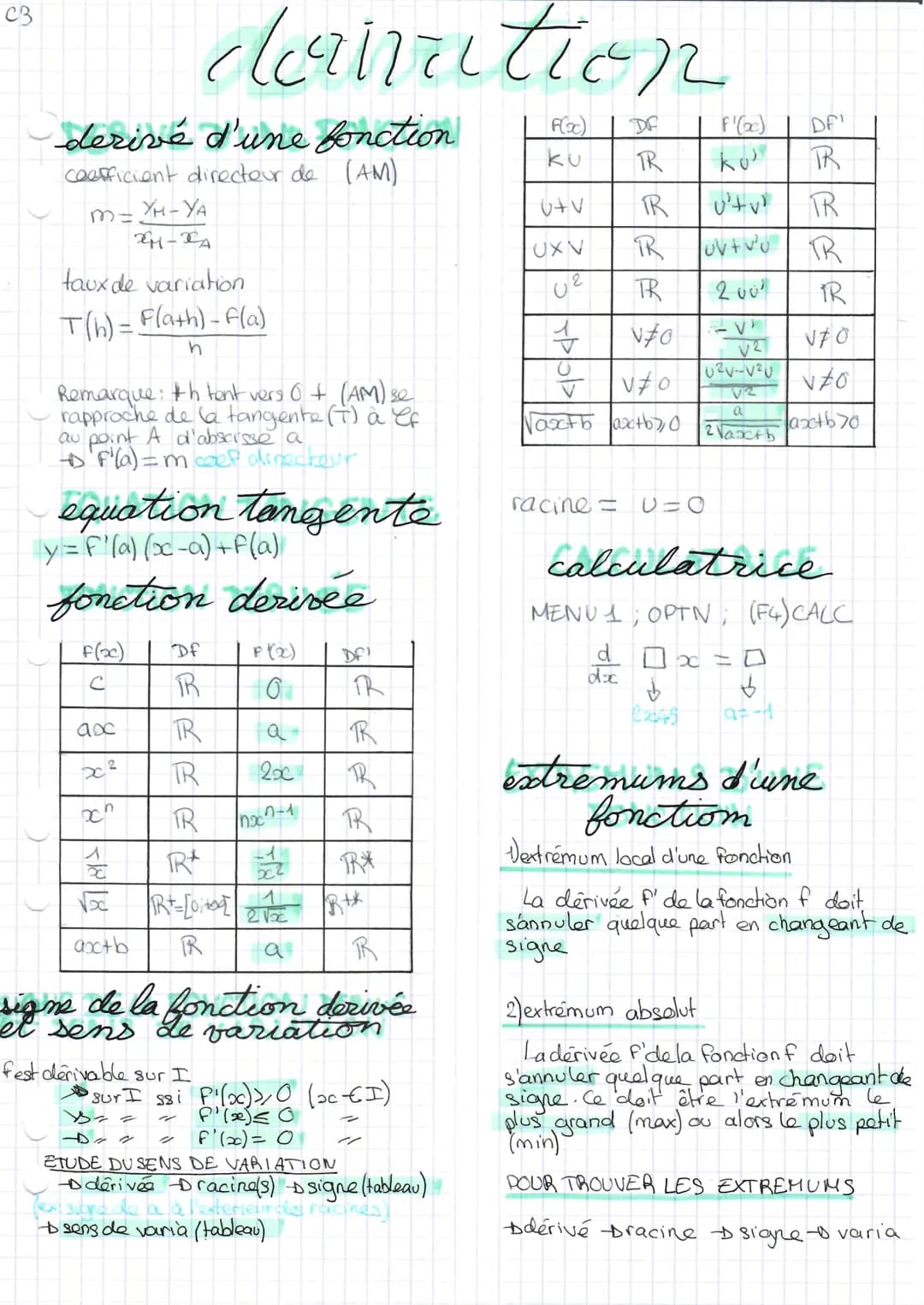 c3
derivé d'une fonction
coefficient directeur de (AM)
taux de variation
T(h) = f(a+h)-f(a)
h
derivation
Remarque: th tent vers 0 + (AM) se
