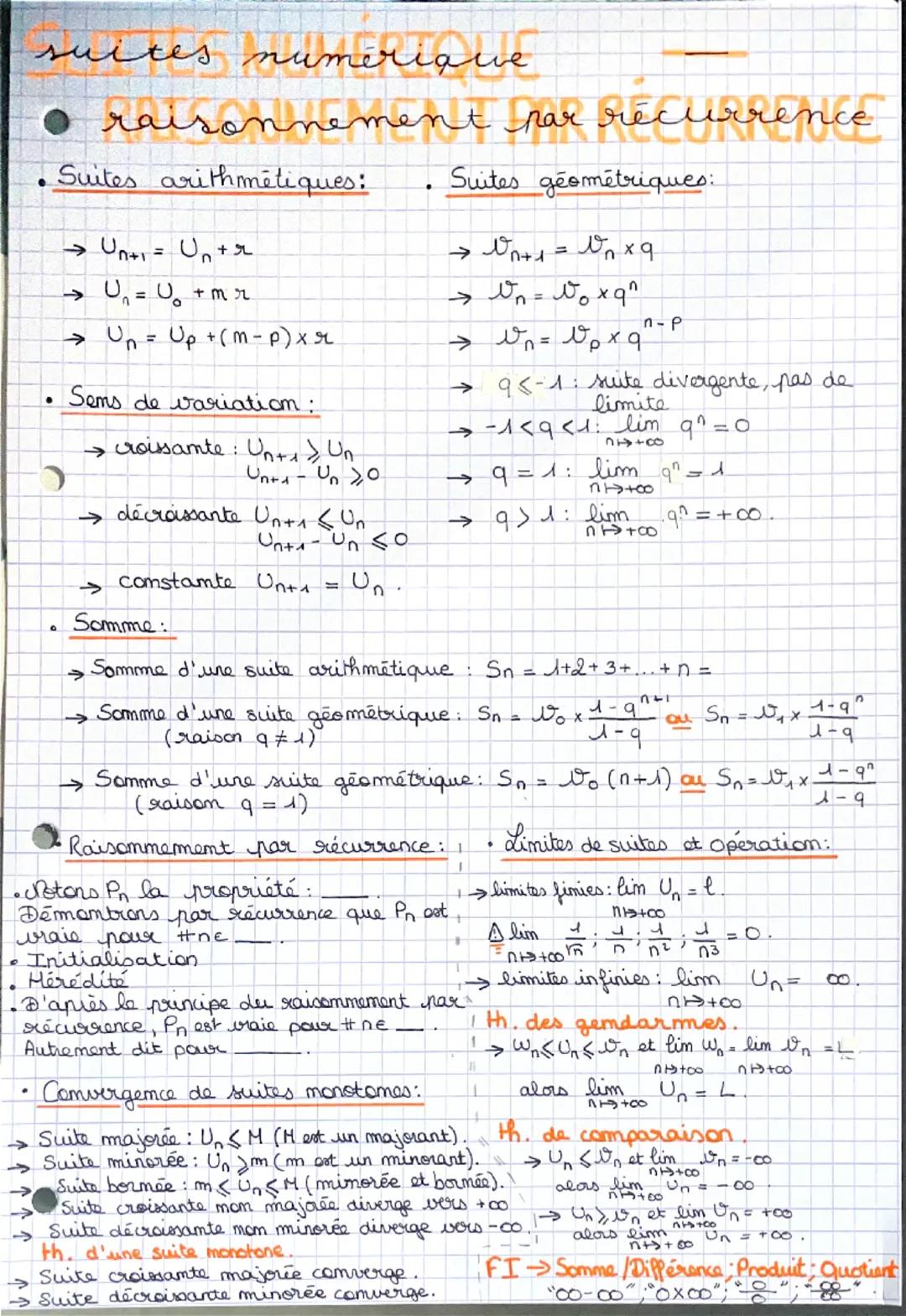 suices numerique
● raisonnement par recurrence
Suites arithmétiques:
→ Un+₁ = U₁+r
→ U₁₁ = U₂ + m r
→ U₁ = Up + (m-p) xr
Suites géométriques