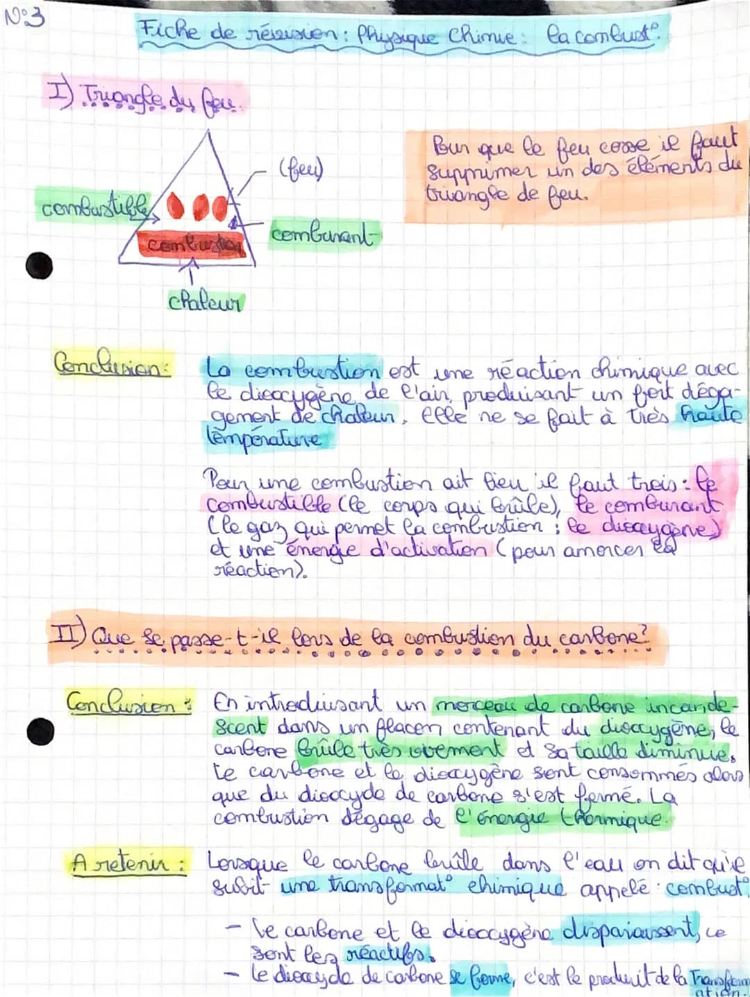 N°3
Fiche de révision: Physique Chimie: la combust?
1) Triangle du feu.
combustible
combustion
chaleur
(fee)
comburent
Bur
que
le feu come i