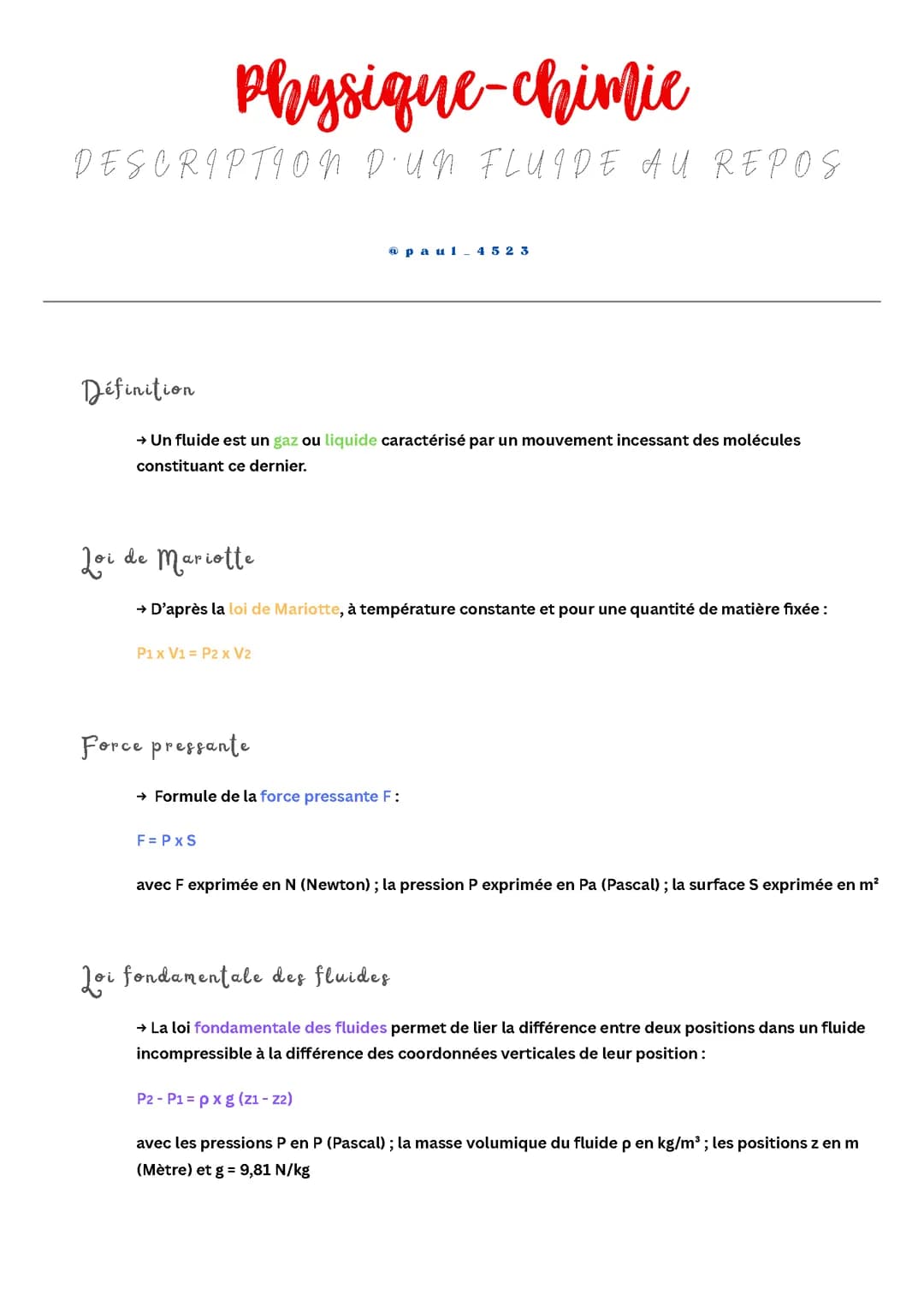 Description d'un fluide au repos