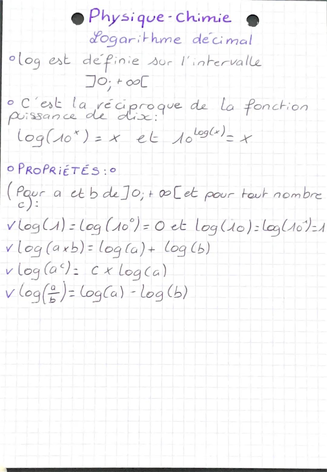 Physique-Chimie
Logarithme decimal
olog est definie sur l'intervalle
]0; +00[
• C'est la réciproque de la fonction
puissance de dix:
log(10)
