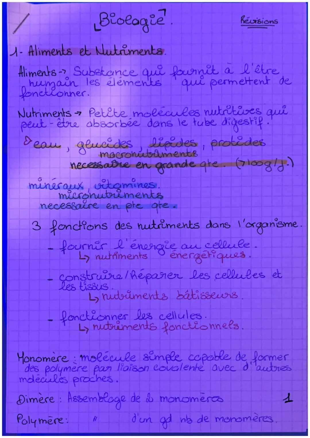 Biologie.
1- Aliments et Nutriments.
Aliments-> Substance qui fournit a l'être
humain les éléments
qui permettent de
fonctionner.
Nutriments