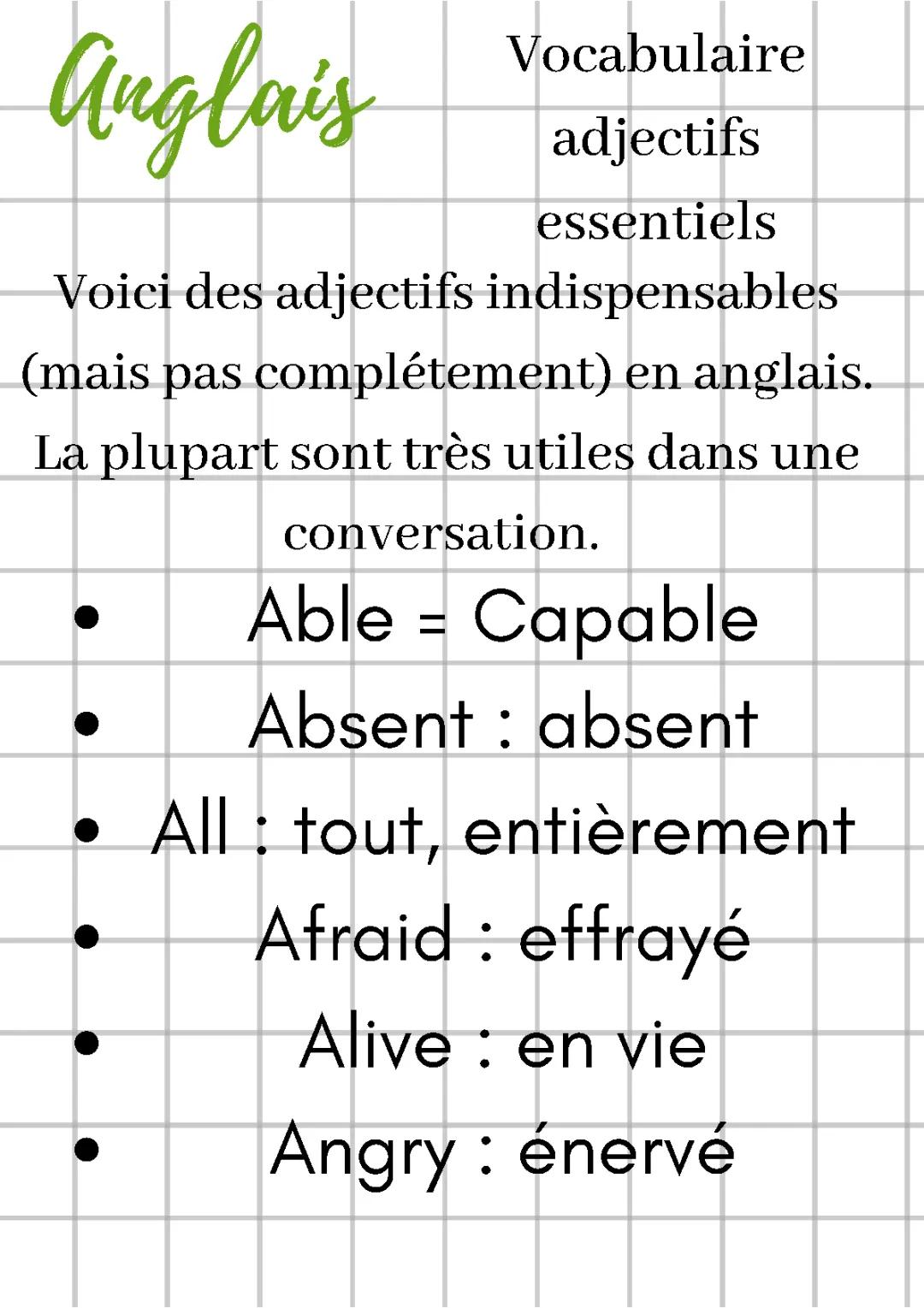 Vocabulaire adjectifs essentiels ( de A à F )