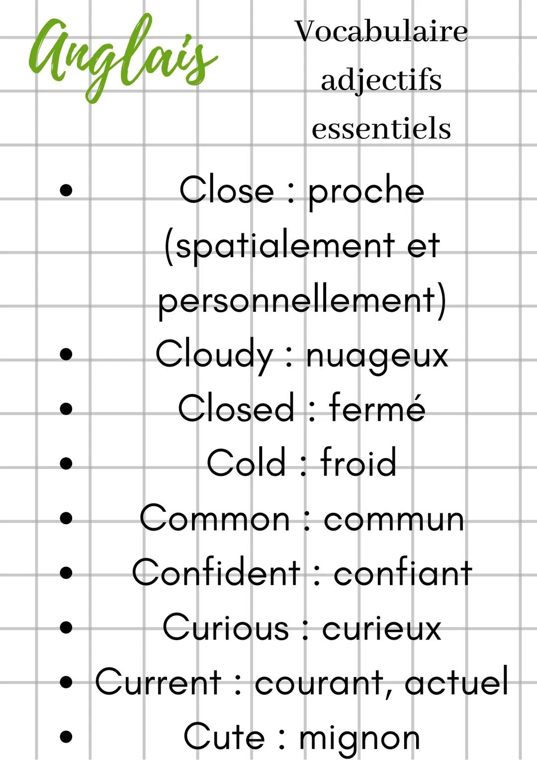 Anglais
Vocabulaire
adjectifs
essentiels
Voici des adjectifs indispensables
(mais pas complétement) en anglais.
La plupart sont très utiles 