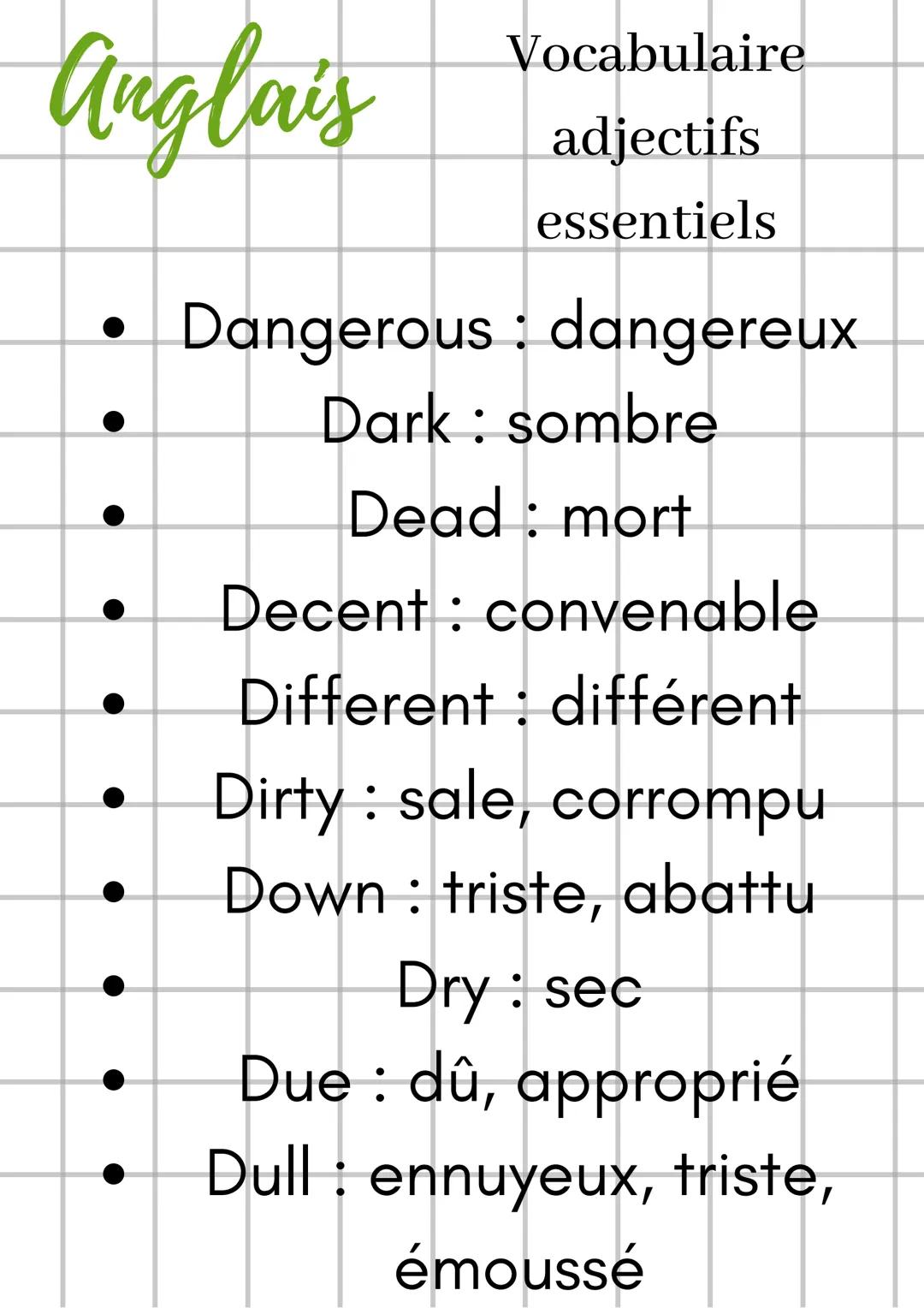 Anglais
Vocabulaire
adjectifs
essentiels
Voici des adjectifs indispensables
(mais pas complétement) en anglais.
La plupart sont très utiles 