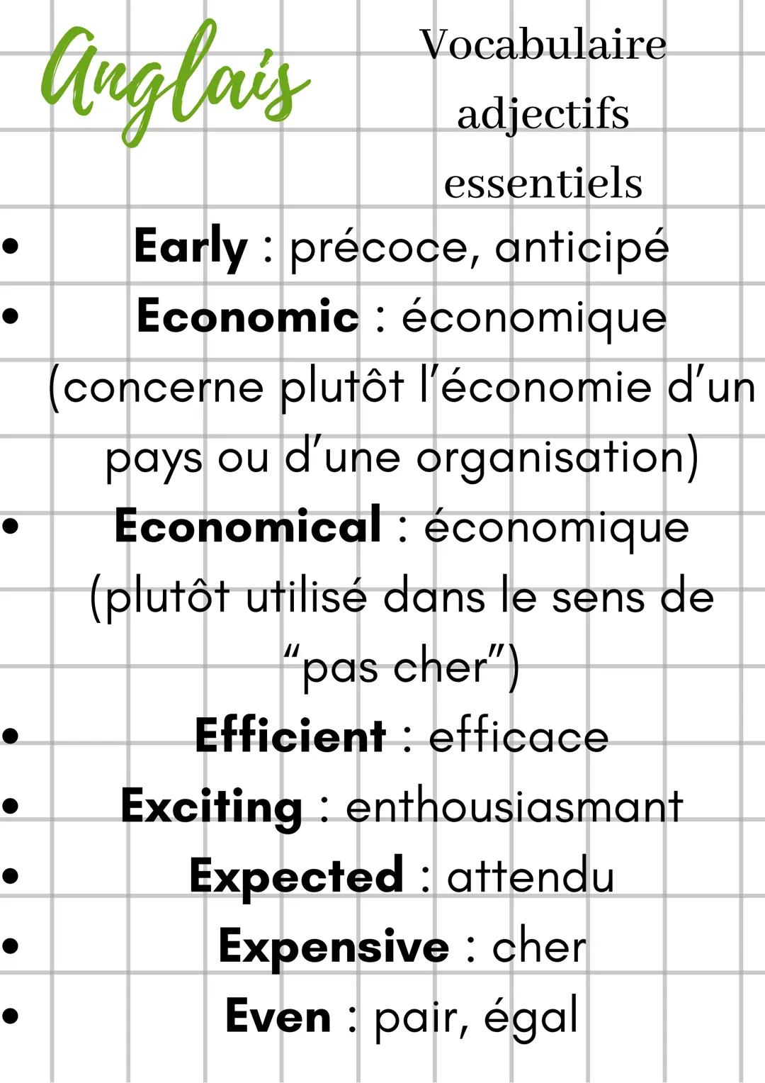 Anglais
Vocabulaire
adjectifs
essentiels
Voici des adjectifs indispensables
(mais pas complétement) en anglais.
La plupart sont très utiles 