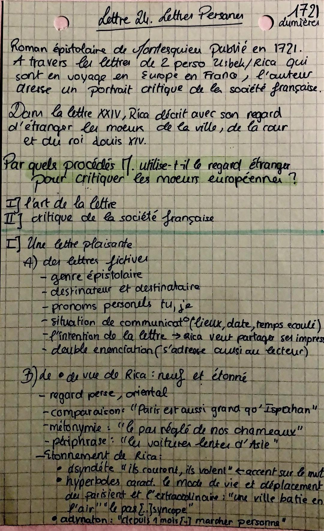 Lettre 24. Lettres Persanes
1721
dumières
Roman épistolaire de fontesquieu Publié en 1721.
A travers les lettres de 2 perso Usbek/Rica qui
s