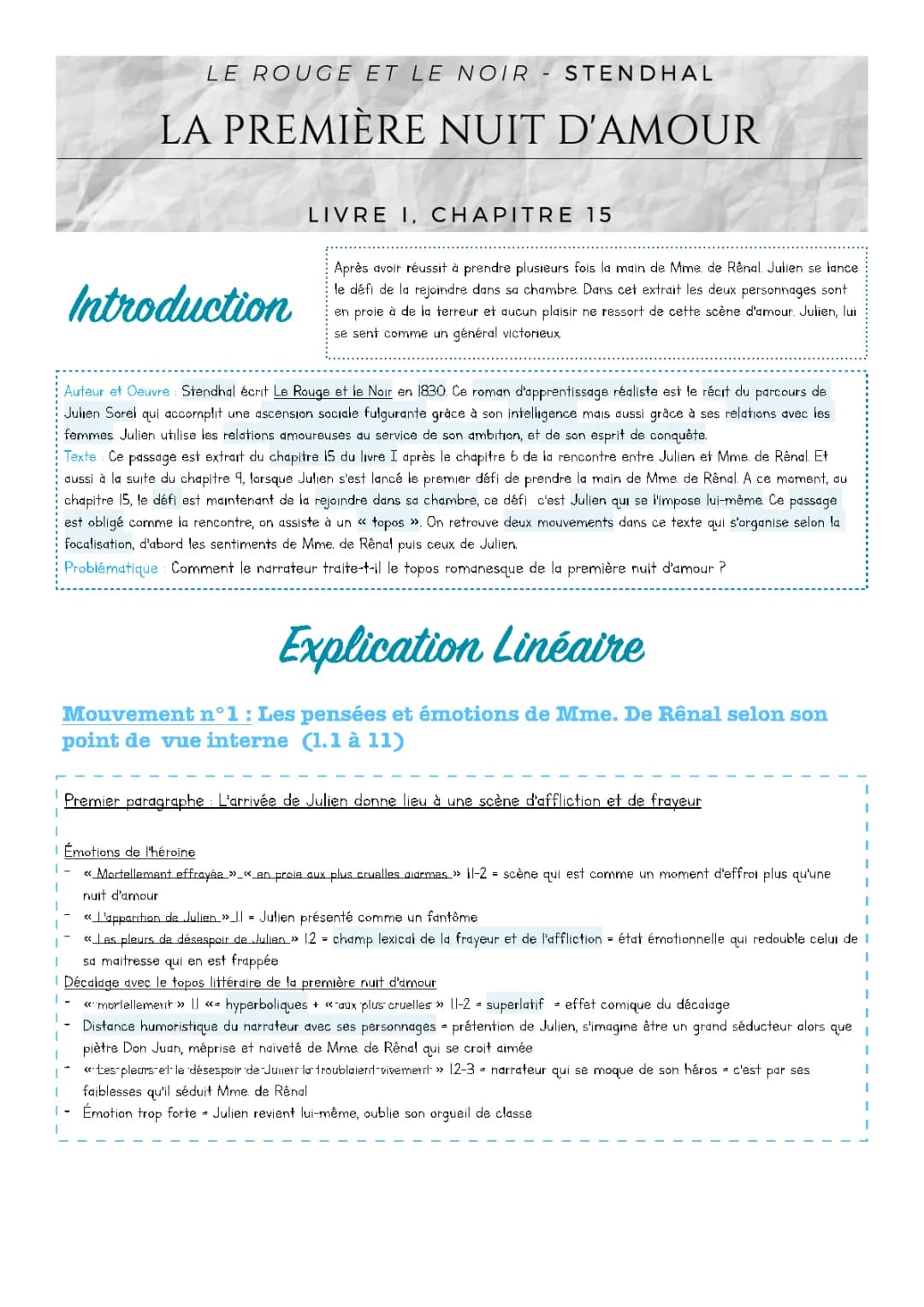 Analyse du Chapitre 15 du Rouge et le Noir : La Première Nuit d'Amour et les Émotions de Mme de Rênal