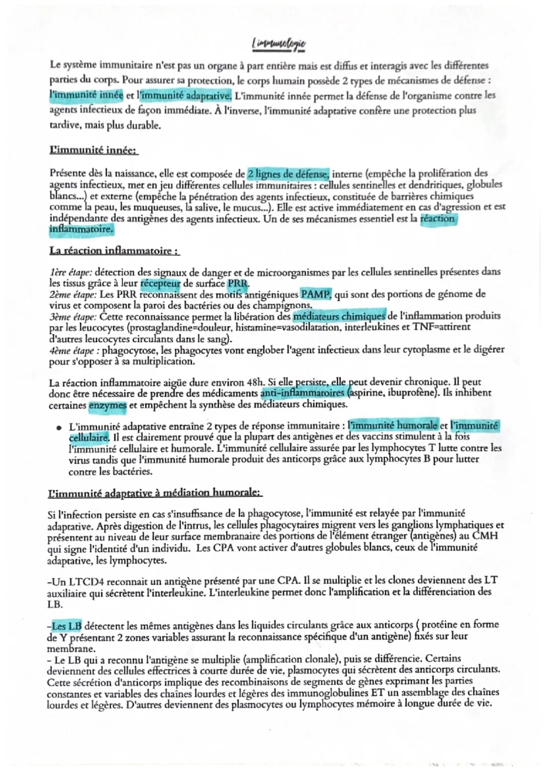 Limmunologie
Le système immunitaire n'est pas un organe à part entière mais est diffus et interagis avec les différentes
parties du corps. P
