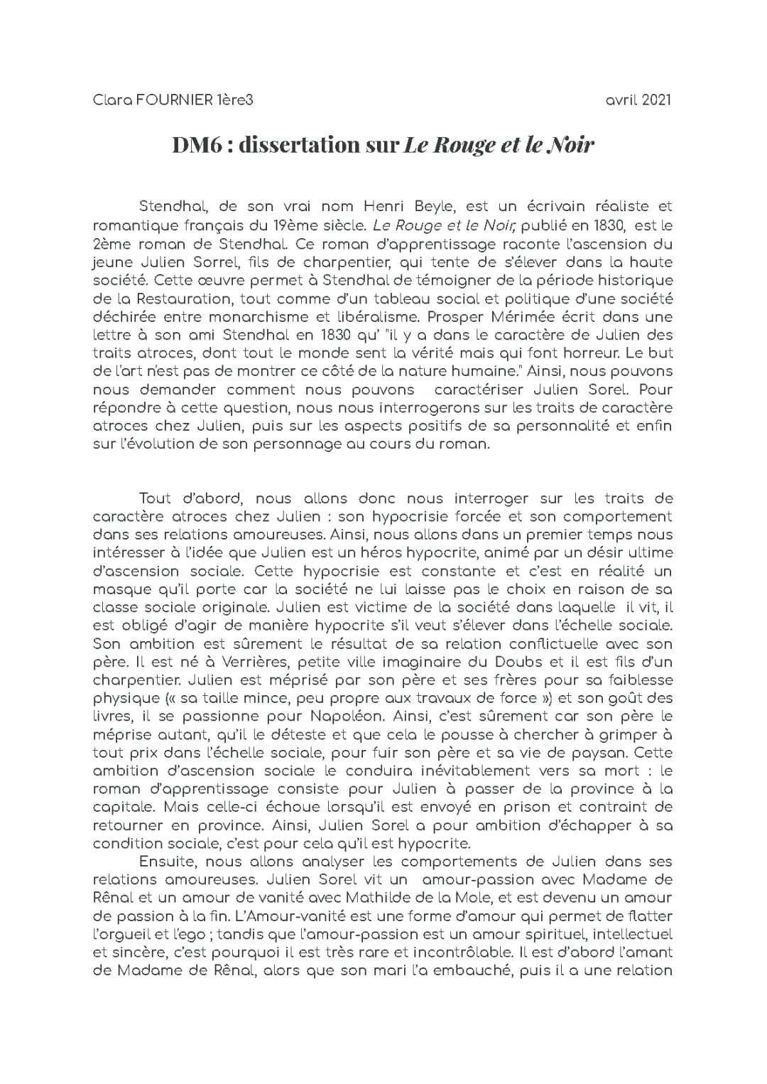 Analyse de Julien Sorel dans Le Rouge et le Noir chapitre 4 PDF