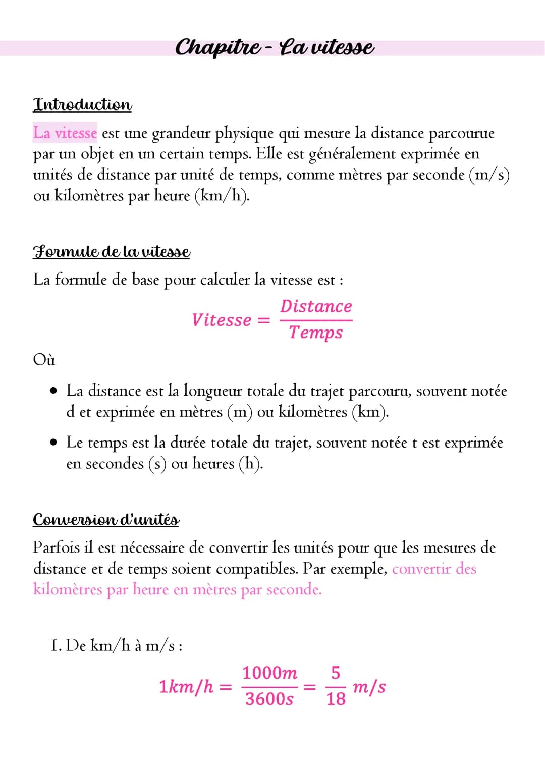 Chapitre. La vitesse
