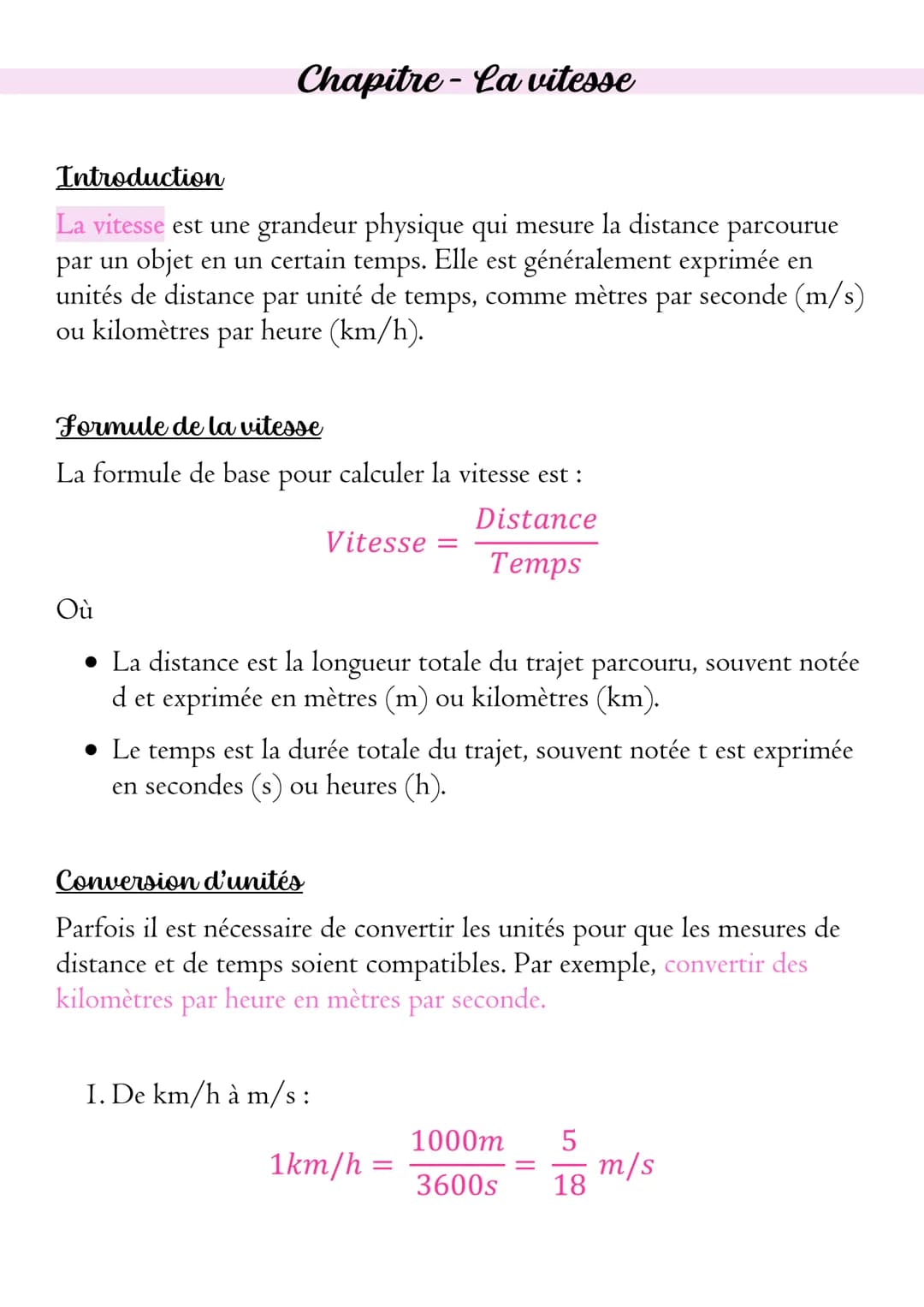 Chapitre - La vitesse
Introduction
La vitesse est une grandeur physique qui mesure la distance parcourue
par un objet en un certain temps. E