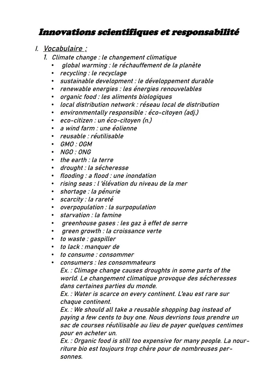 Innovations scientifiques et responsabilité
1. Vocabulaire :
1. Climate change : le changement climatique
●
●
●
●
●
●
●
●
●
●
●
●
●
●
●
●
●
