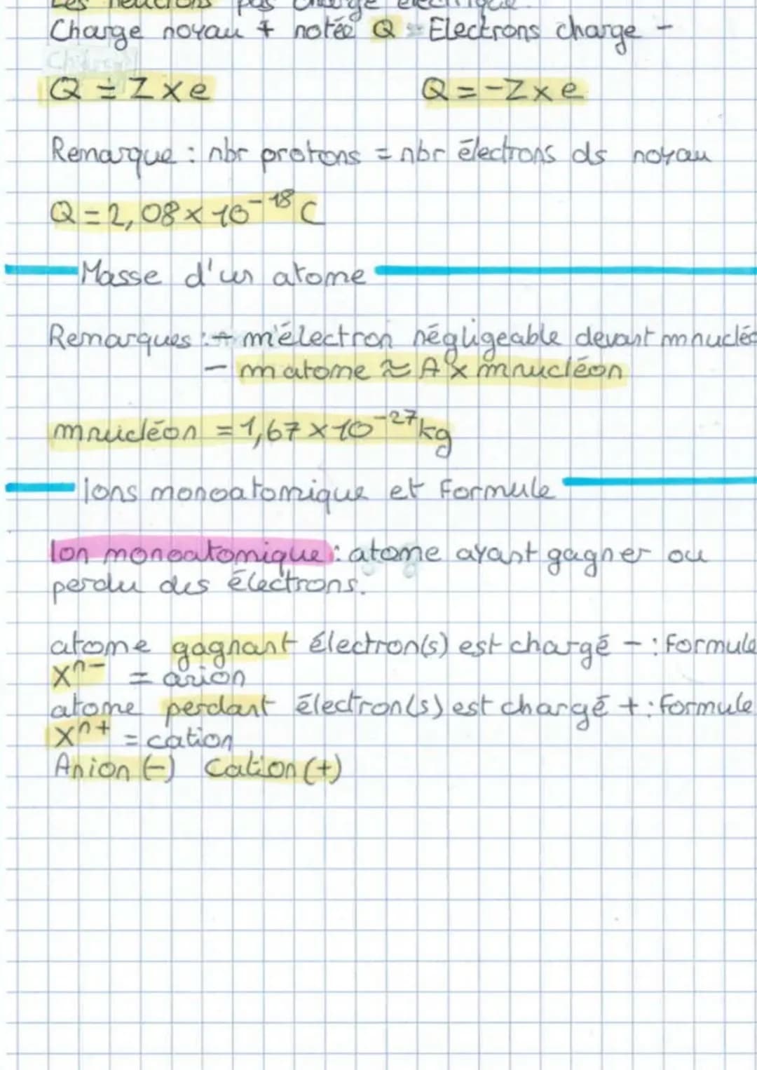 Charge noyau + notée Q Electrons charge
Christ
Q=Zxe
Q=-Zxe
Remarque : nbr protons = nor electrons ds noyau
Q=2,08 × 16-18 C
x
-Masse d'us a