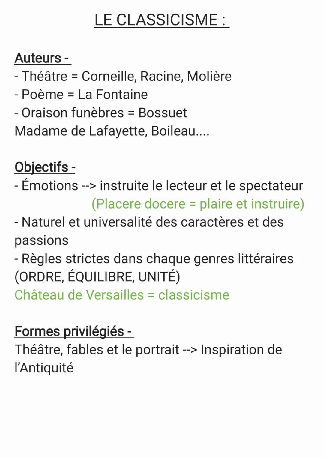 LE CLASSICISME :
Auteurs-
- Théâtre = Corneille, Racine, Molière
- Poème = La Fontaine
- Oraison funèbres = Bossuet
Madame de Lafayette, Boi
