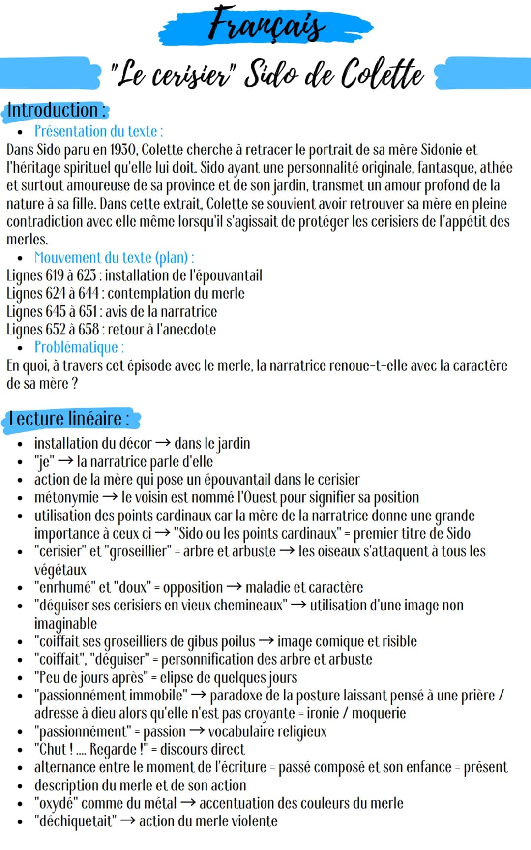 Introduction:
Présentation du texte :
Dans Sido paru en 1930, Colette cherche à retracer le portrait de sa mère Sidonie et
l'héritage spirit