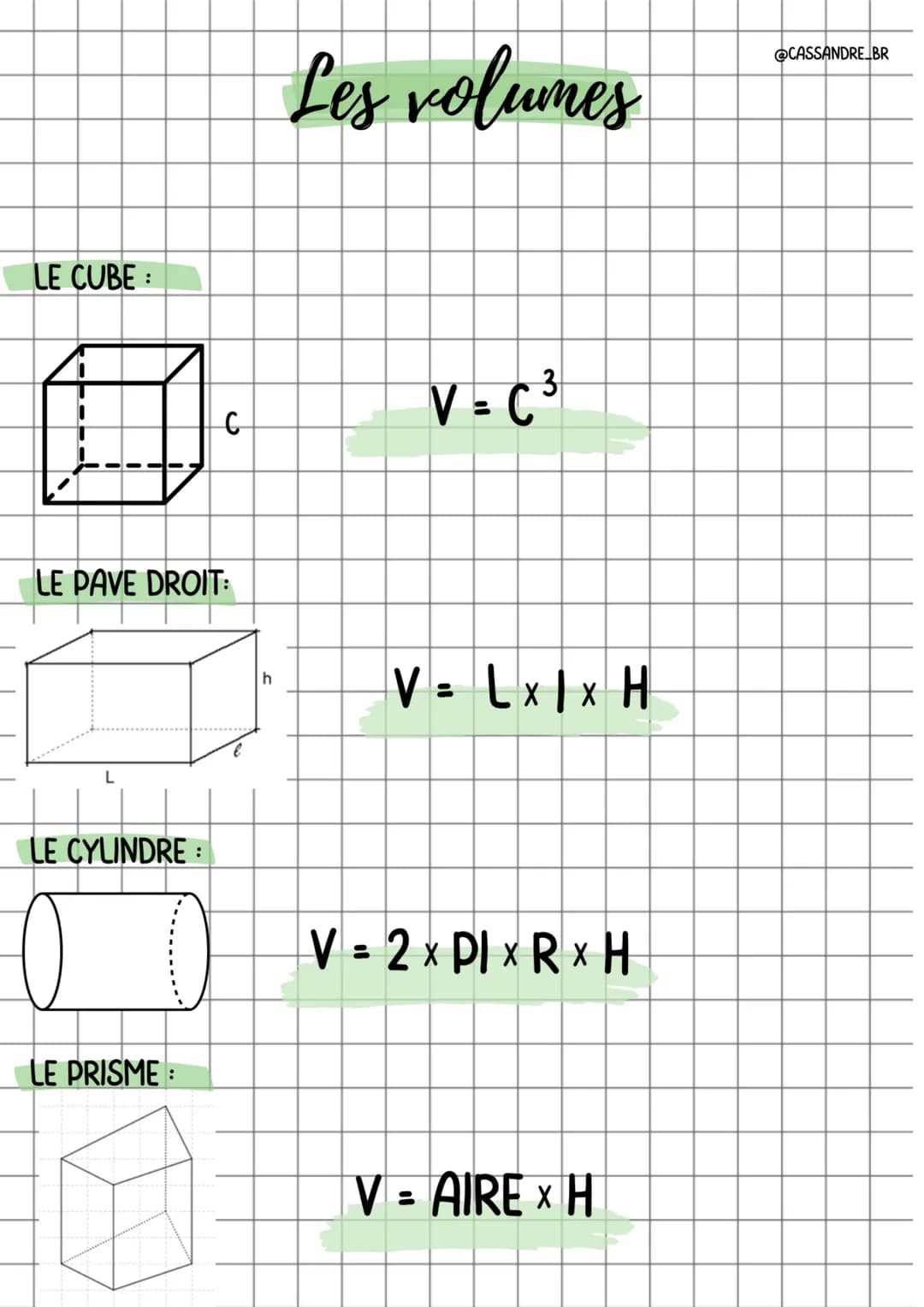 LE CUBE :
8
LE PAVE DROIT:
LE CYLINDRE:
C
LE PRISME:
Les volumes
V=C³
3
V = L x | x H
V=2X PIXRXH
V = AIRE X H
@CASSANDRE BR LA PYRAMIDE :
L