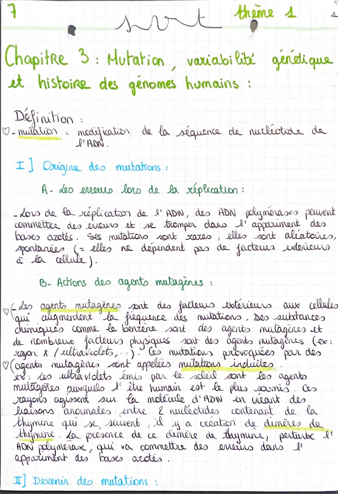 sort thime s
Chapitre 3: Mutation, variabilité génétique
et histoire des génomes humains :
Définition:
♡_mulation = modification de la séque