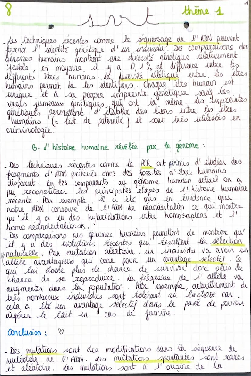 sort thime s
Chapitre 3: Mutation, variabilité génétique
et histoire des génomes humains :
Définition:
♡_mulation = modification de la séque