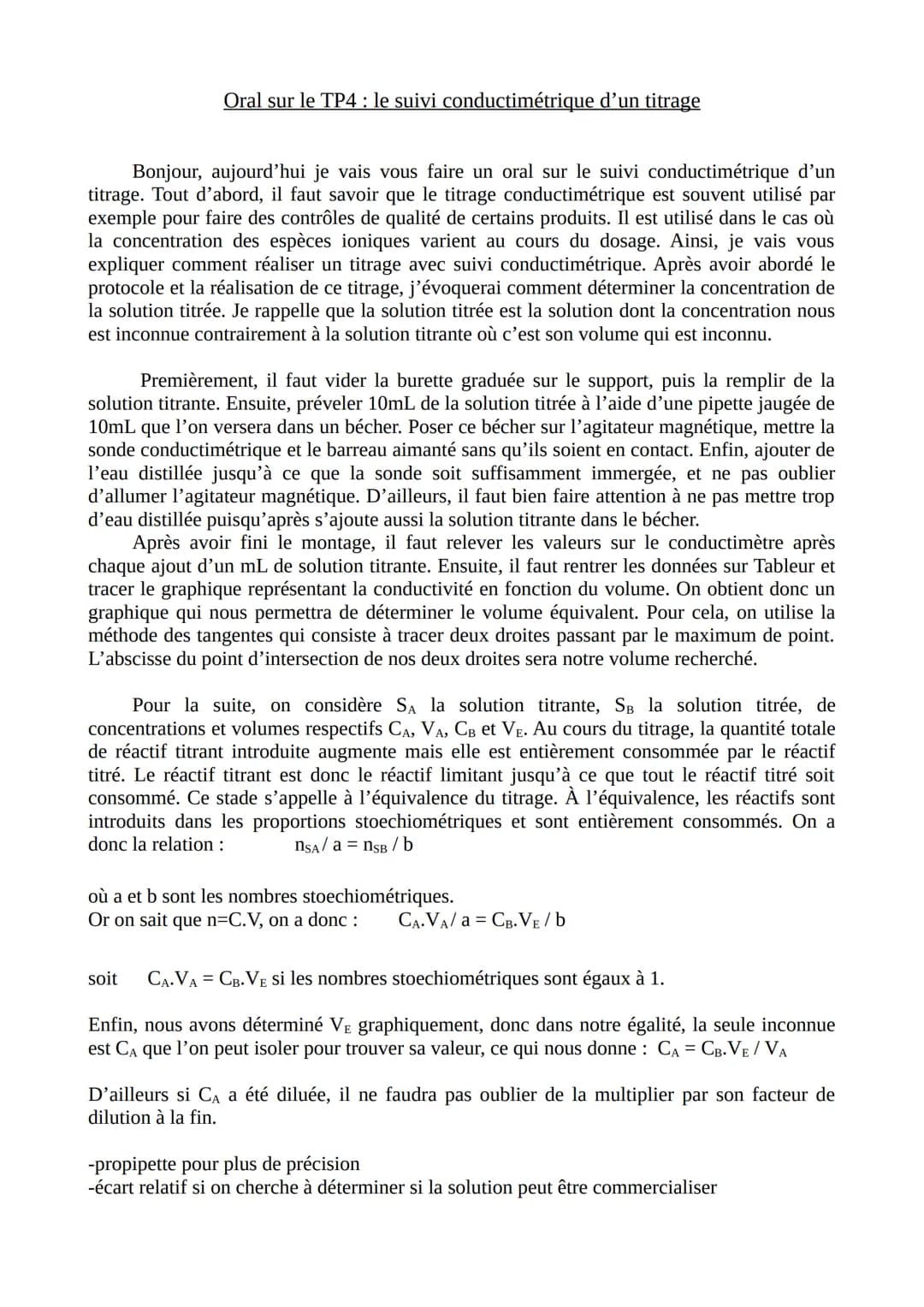 Oral sur le TP4: le suivi conductimétrique d'un titrage
Bonjour, aujourd'hui je vais vous faire un oral sur le suivi conductimétrique d'un
t