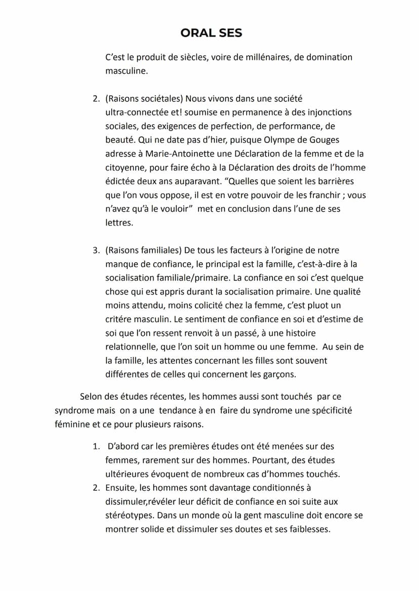 ORAL SES
En France, près de trois jeunes filles sur quatre attribuent leurs échecs à
un «< manque de talent ». Les femmes ont une tendance p