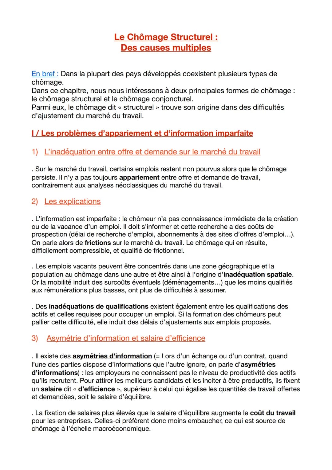 Le Chômage Structurel :
Des causes multiples
En bref : Dans la plupart des pays développés coexistent plusieurs types de
chômage.
Dans ce ch