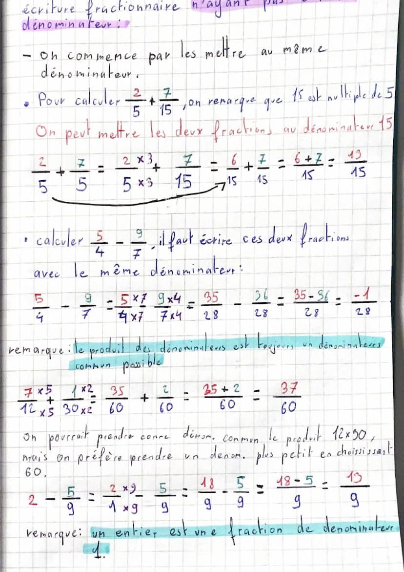 Math
Les nombres en ecriture fractionaire.
Addition & Soustraction :
Propriété→ Pour additionner (ou soustraire) deux
en écriture fractionna