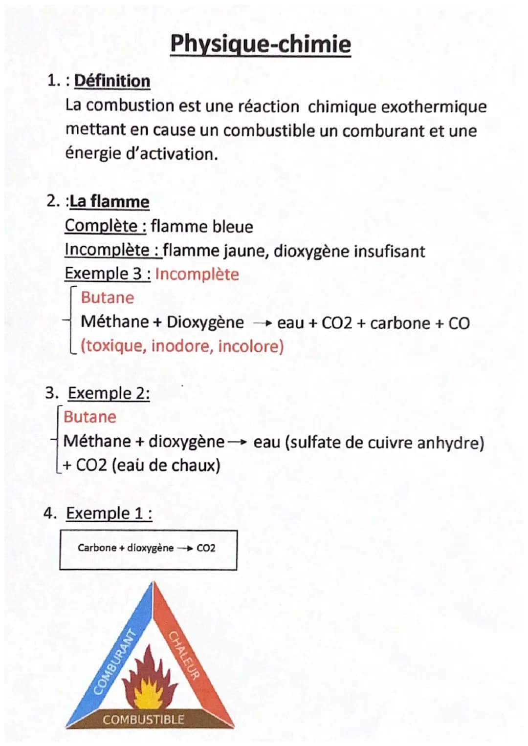 1. Définition
Physique-chimie
La combustion est une réaction chimique exothermique
mettant en cause un combustible un comburant et une
énerg