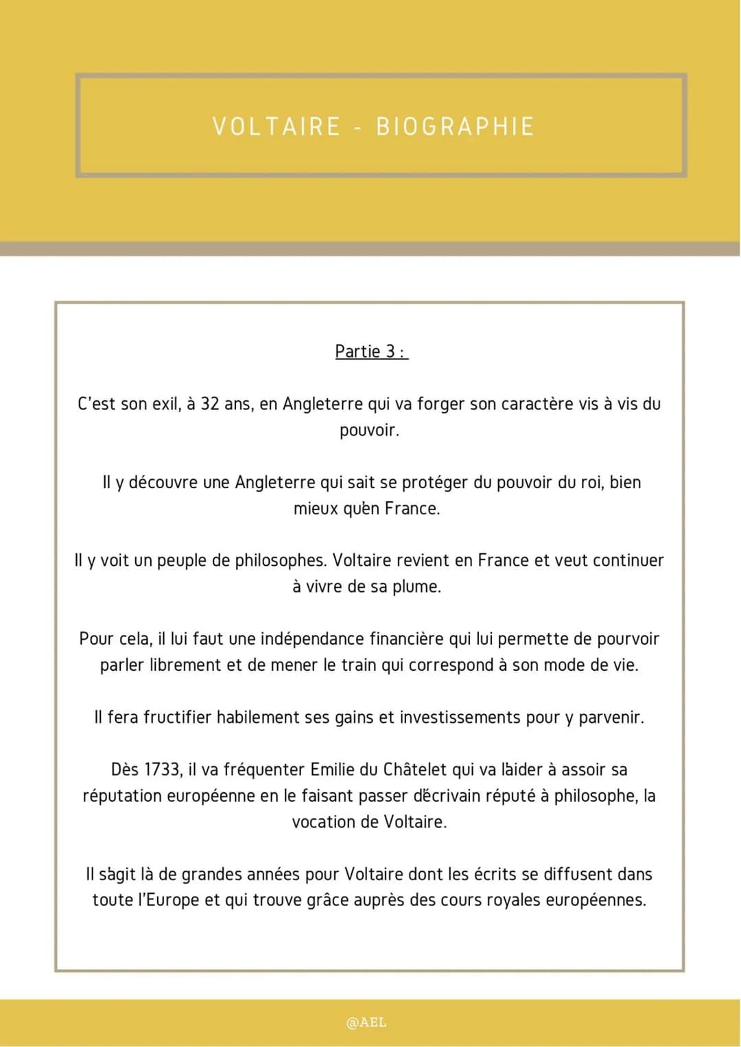 VOLTAIRE - BIOGRAPHIE
Partie 3:
C'est son exil, à 32 ans, en Angleterre qui va forger son caractère vis à vis du
pouvoir.
Il y découvre une 