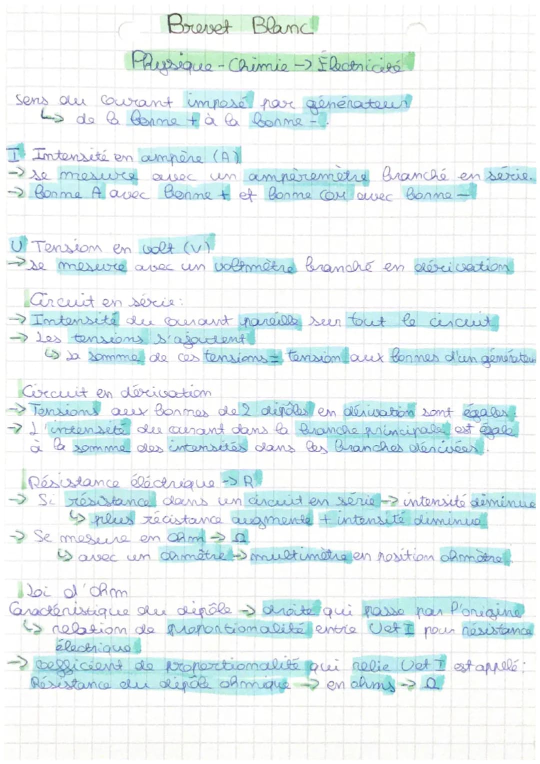 Brevet Blanc
Physique - Chimie - Flectricité
Sens du courant imposé par générateur
de la bonne + à la bonne
I Intensité en ampère (A)).
- se