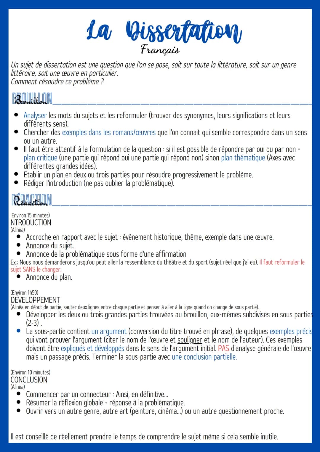 La Dissertation
Français
Un sujet de dissertation est une question que l'on se pose, soit sur toute la littérature, soit sur un genre
littér