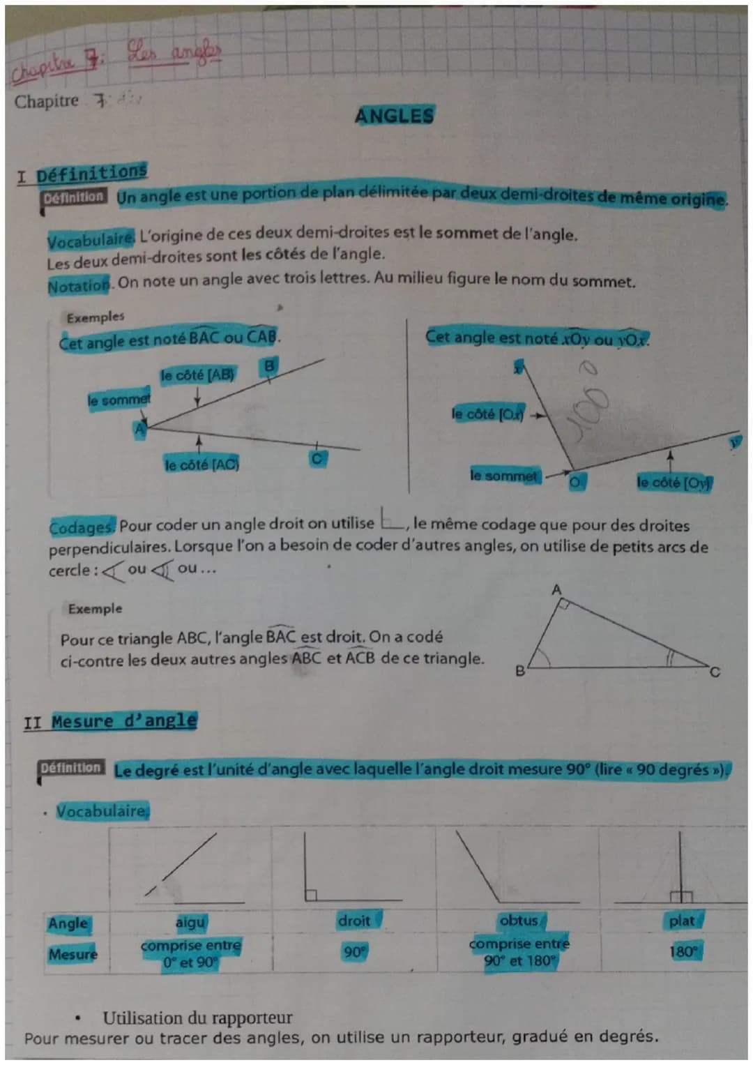Chapitre : Les angles
Chapitre
I Définitions
Définition Un angle est une portion de plan délimitée par deux demi-droites de même origine.
Vo