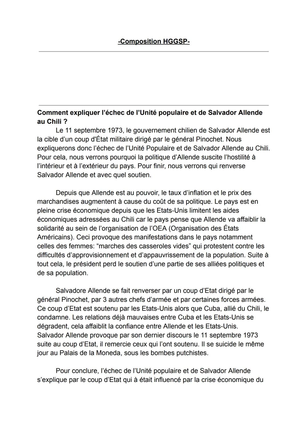 -Composition HGGSP-

Comment expliquer l'échec de l'Unité populaire et de Salvador Allende
au Chili?

Le 11 septembre 1973, le gouvernement 