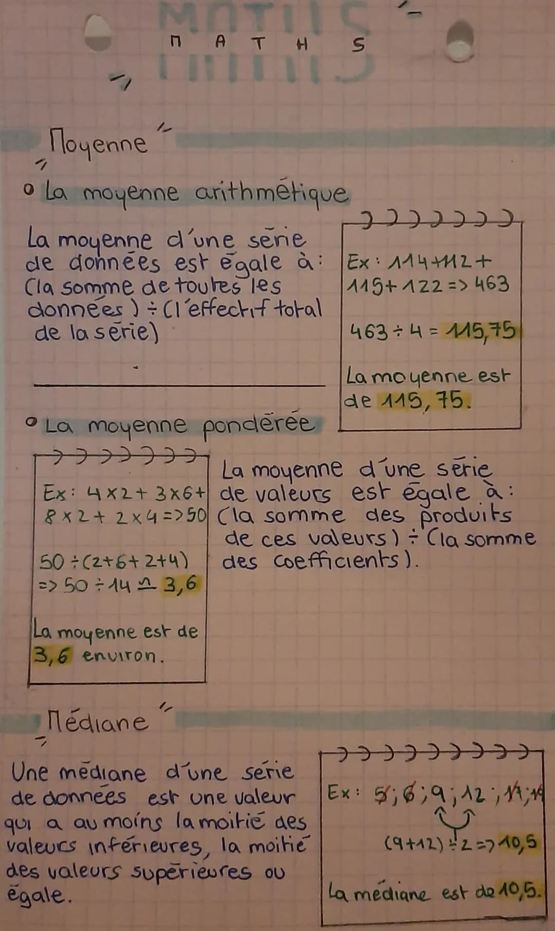 MO
патн S
Moyenne
• La moyenne arithmétique
la
moyenne d'une serie
de données est égale à:
Cla somme de toutes les
données) ÷ (1'effectif to