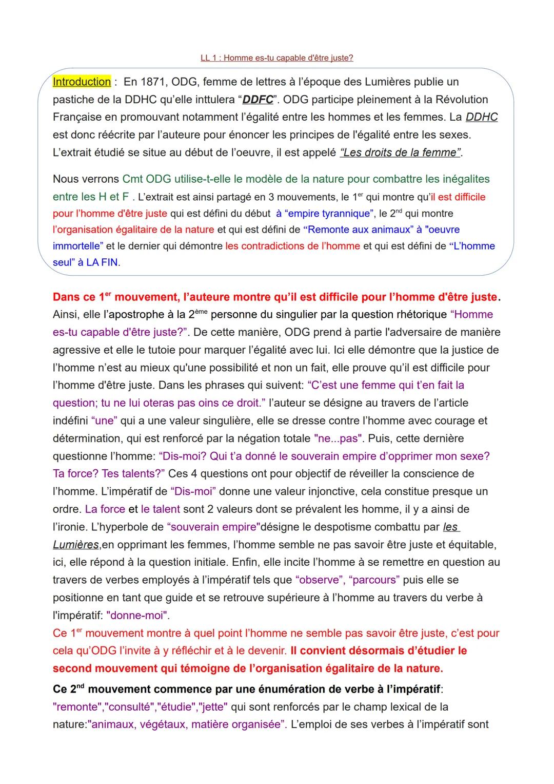 Analyse linéaire Déclaration des droits de la femme - Olympe de Gouges PDF