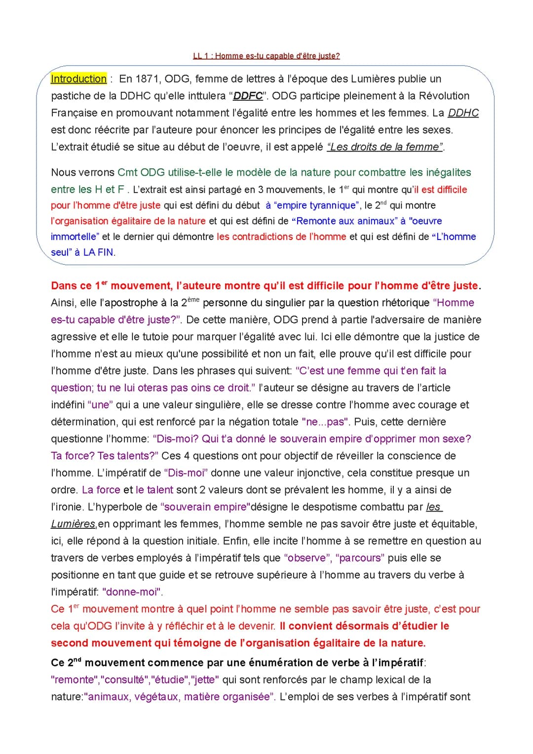 Analyse linéaire Déclaration des droits de la femme - Olympe de Gouges PDF