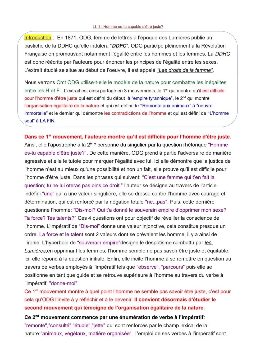 LL 1: Homme es-tu capable d'être juste?
Introduction: En 1871, ODG, femme de lettres à l'époque des Lumières publie un
pastiche de la DDHC q
