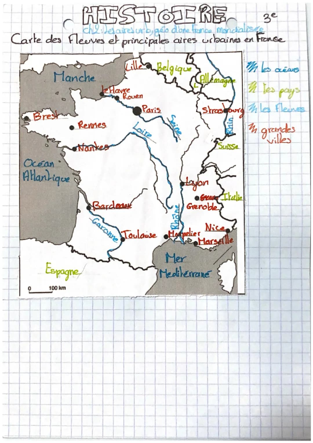 HISTOIRE
ch2: Desaires uro, geto d'one france mondialise
3e
Carte des Fleuves et principales aires urbaines en France
Lille Belgique
Mles oc