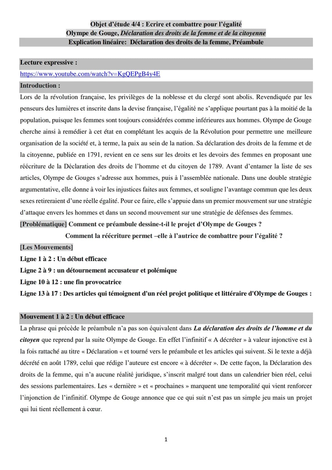 Objet d'étude 4/4 : Ecrire et combattre pour l'égalité
Olympe de Gouge, Déclaration des droits de la femme et de la citoyenne
Explication li